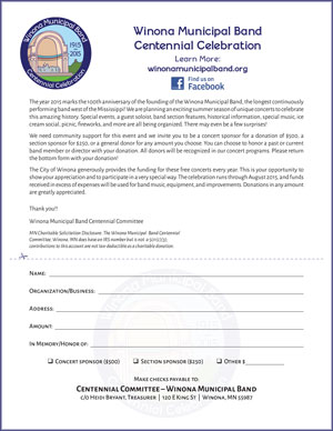 Winona Municipal Band Centennial Celebration Fundraising Letter